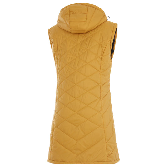 Yellow quilted jacket with black zipper and trim on a white background