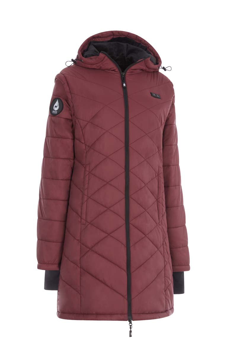 Maroon quilted jacket with a brand logo on a white background