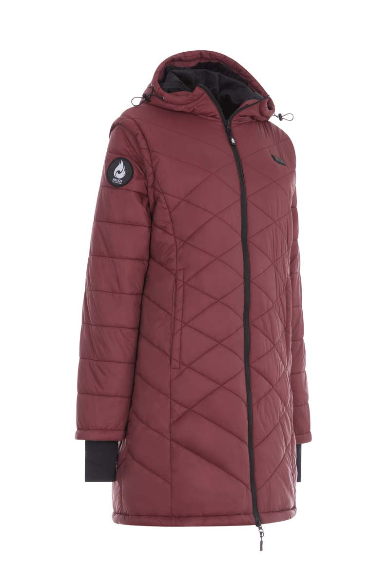 Maroon quilted jacket with diamond pattern on a white background