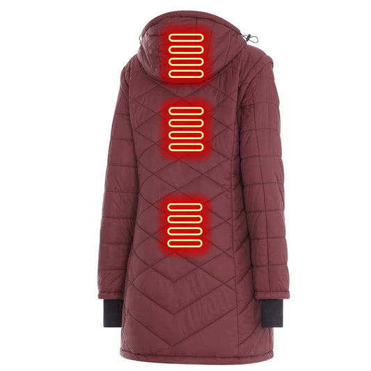 Maroon quilted jacket with a brand logo on a white background