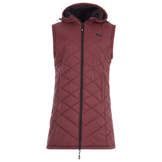 Maroon quilted jacket with a brand logo on a white background