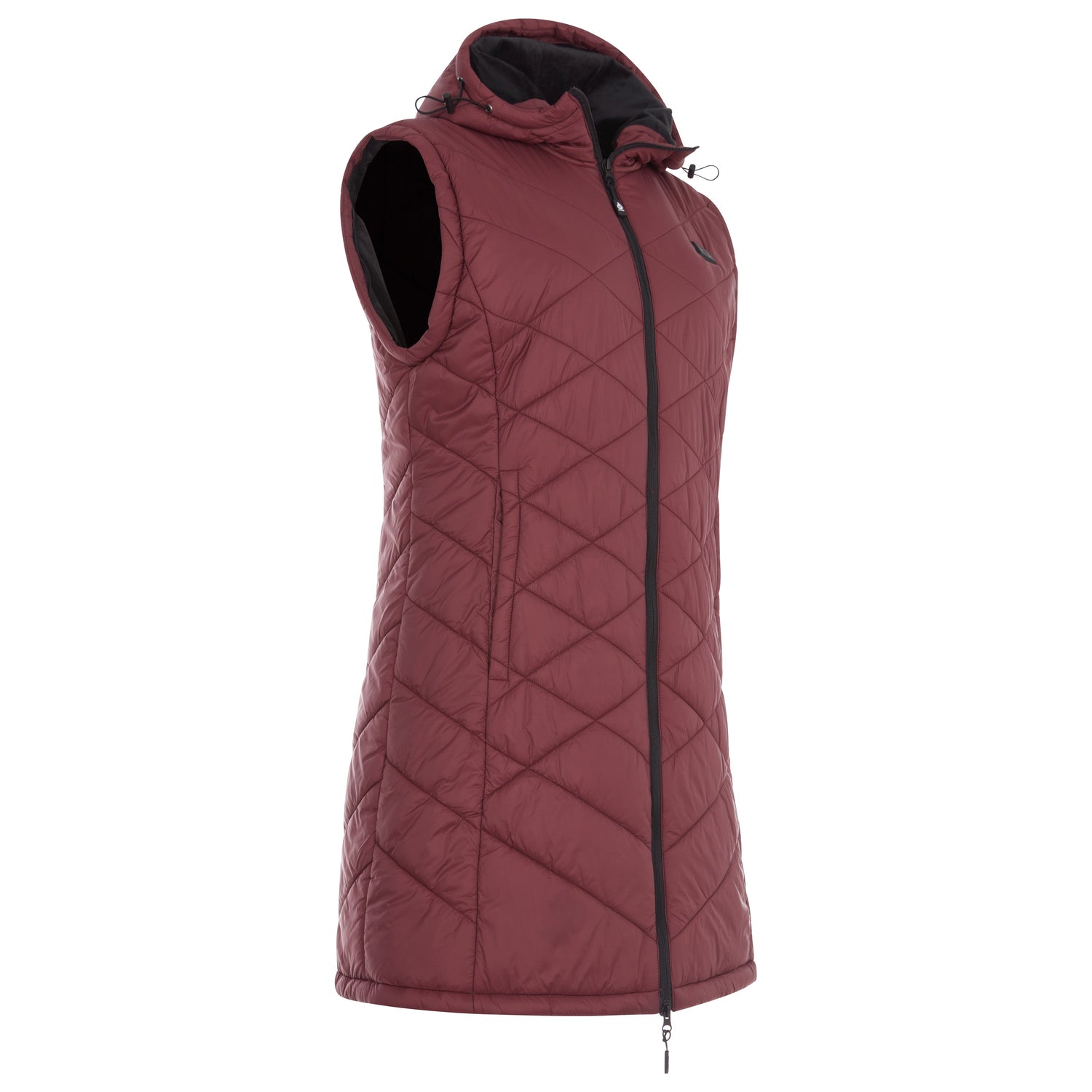 Maroon quilted vest with black accents on a white background