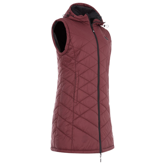 Maroon quilted jacket with a brand logo on a white background