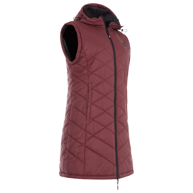 Maroon quilted vest with black accents on a white background