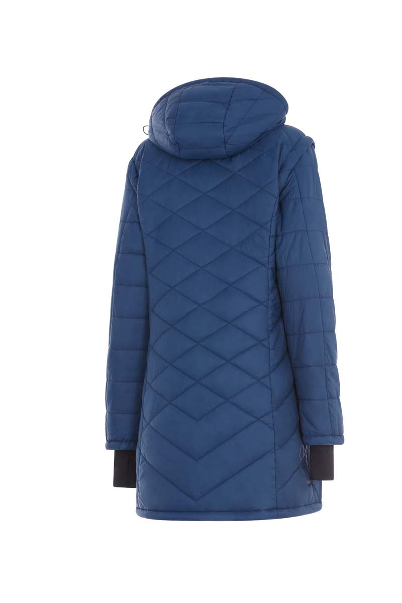 Blue quilted jacket with a hood on a white background