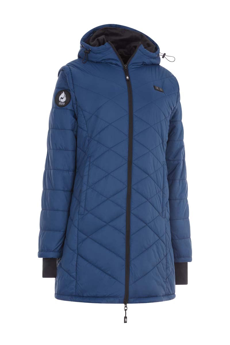 Blue quilted jacket with black accents on a white background