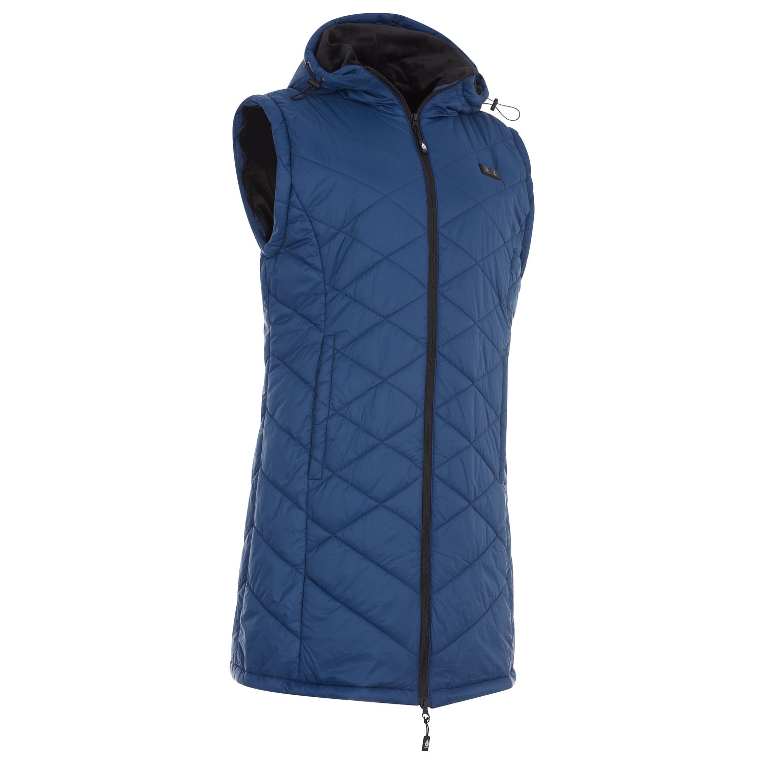 Blue quilted vest with a hood on a white background