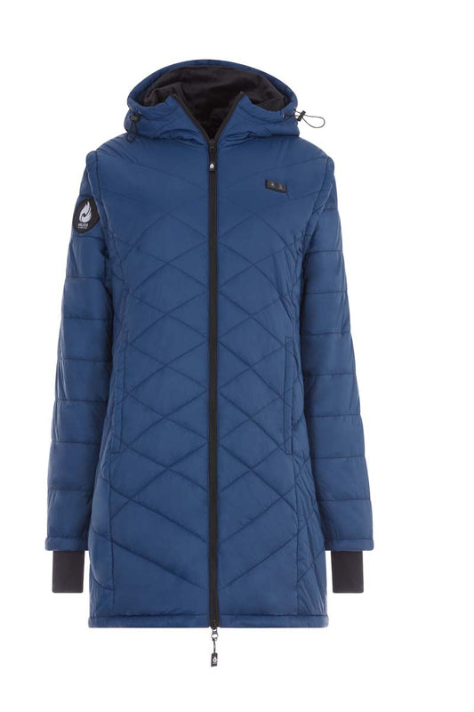Blue quilted jacket with black accents on a white background