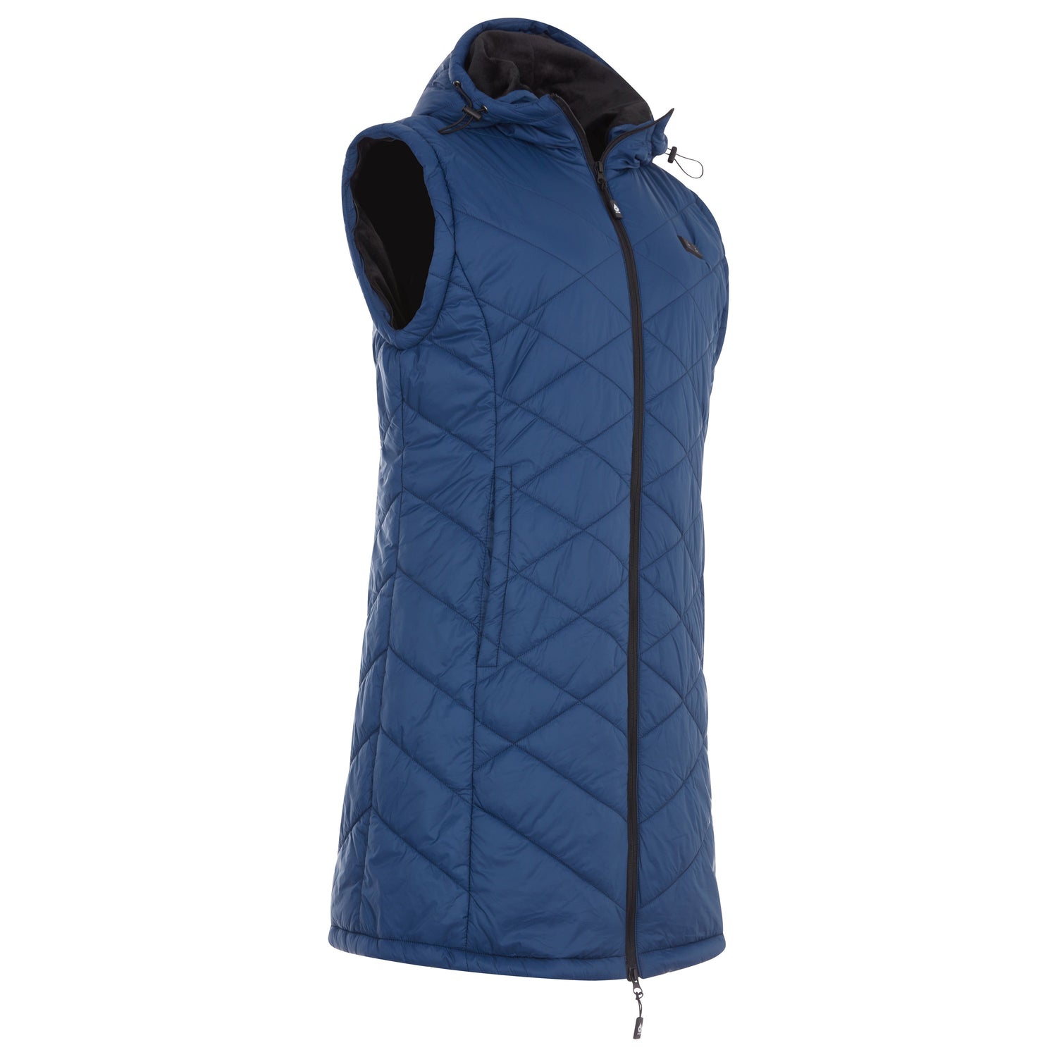 Blue quilted vest with a hood on a white background