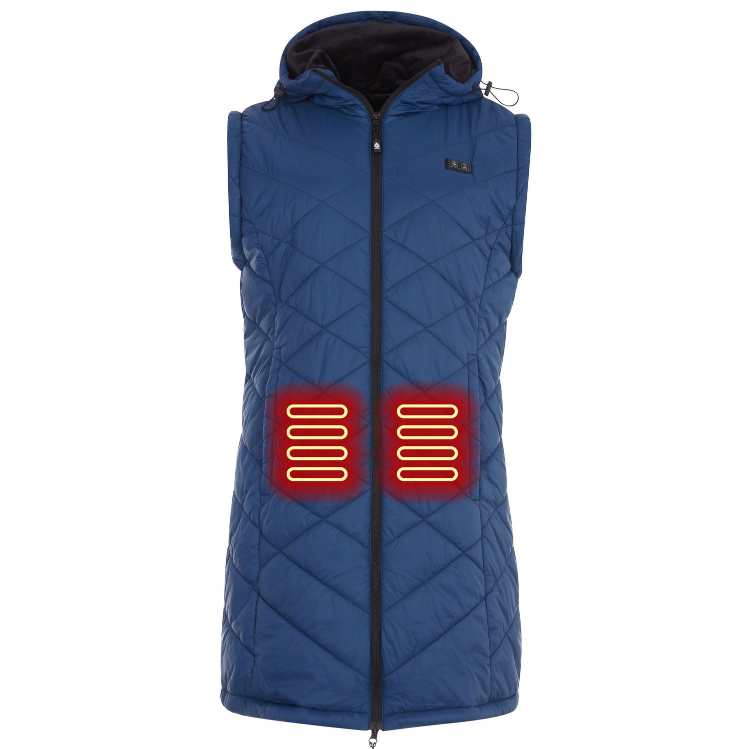 Blue heated vest with visible heating elements on a white background