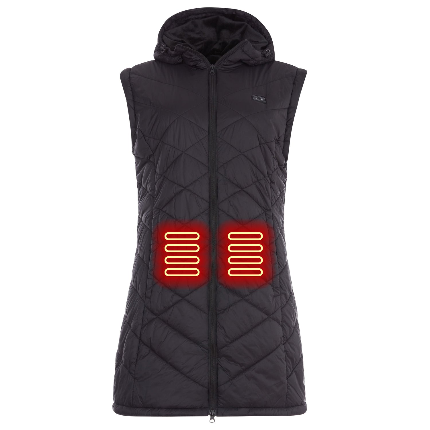 Black heated vest with visible heating elements on a white background