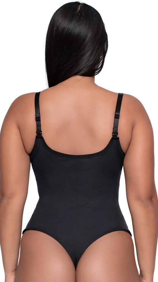 Black swimsuit worn by a model on a white background