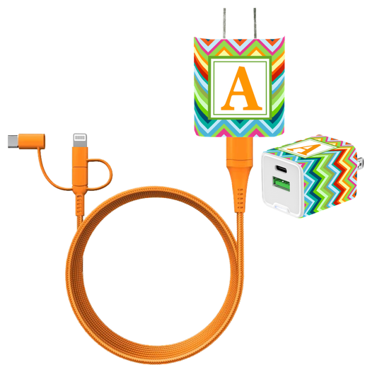 Fiesta Chevron Dual USB A & USB C 20W Quick Charger Letter Set with Tangerine Cable