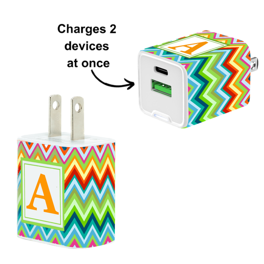 Fiesta Chevron Dual USB A & USB C 20W Quick Charger Letter Set with Tangerine Cable