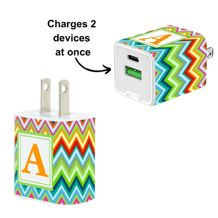 Fiesta Chevron Dual USB A & USB C 20W Quick Charger Letter Set with Tangerine Cable