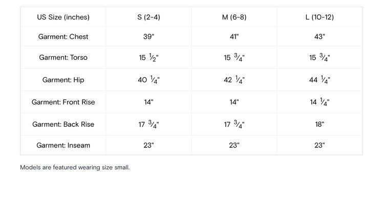 Size chart for garments showing chest, torso, hip, front rise, back rise, and inseam measurements.