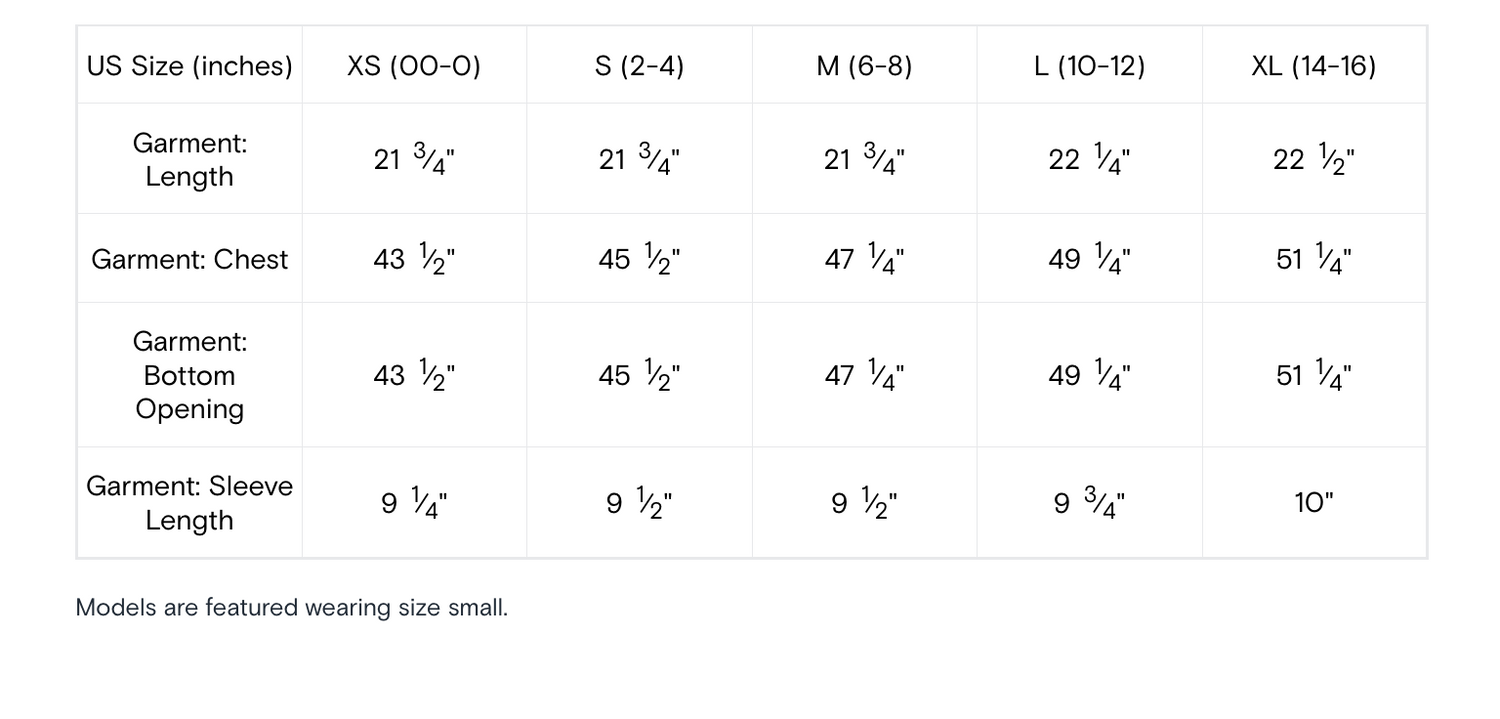 Size chart for garments with measurements in inches