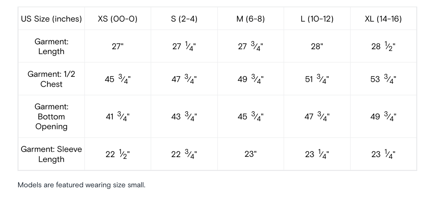 Size chart for garments showing measurements in inches across different sizes.