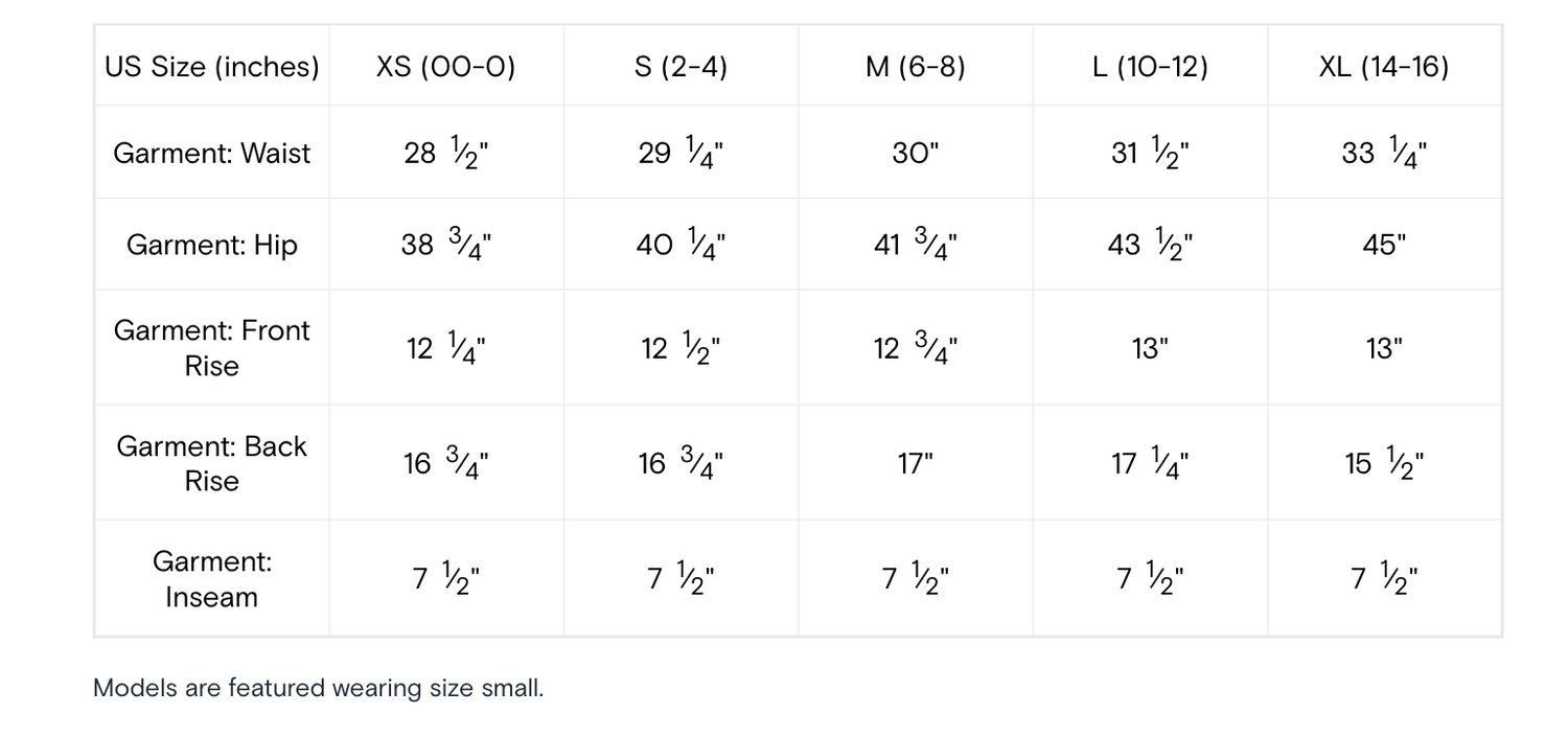Size chart for garments with measurements in inches