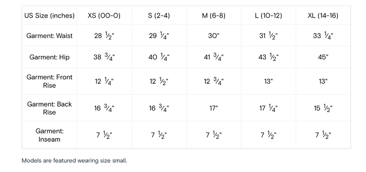 Size chart for garments with measurements in inches