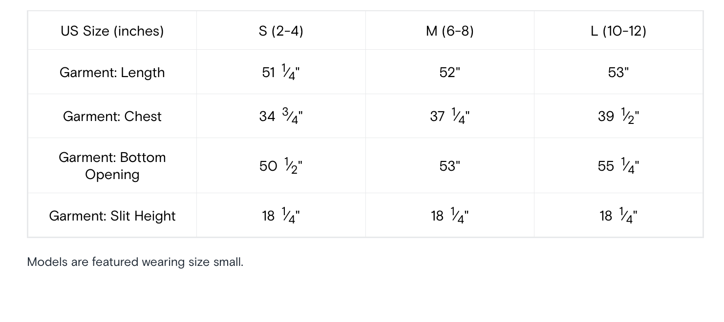 Size chart for garments with measurements in inches