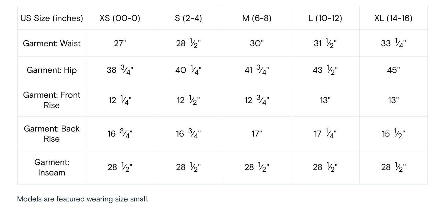 Measurement chart for garment sizes with labeled dimensions.