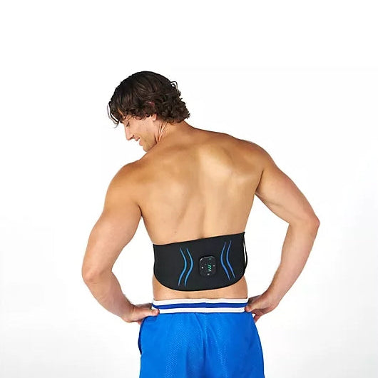 Man wearing a black electronic back brace on a white background