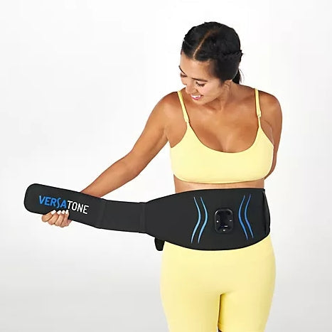 Black waist trainer with digital display and accessories on a white background