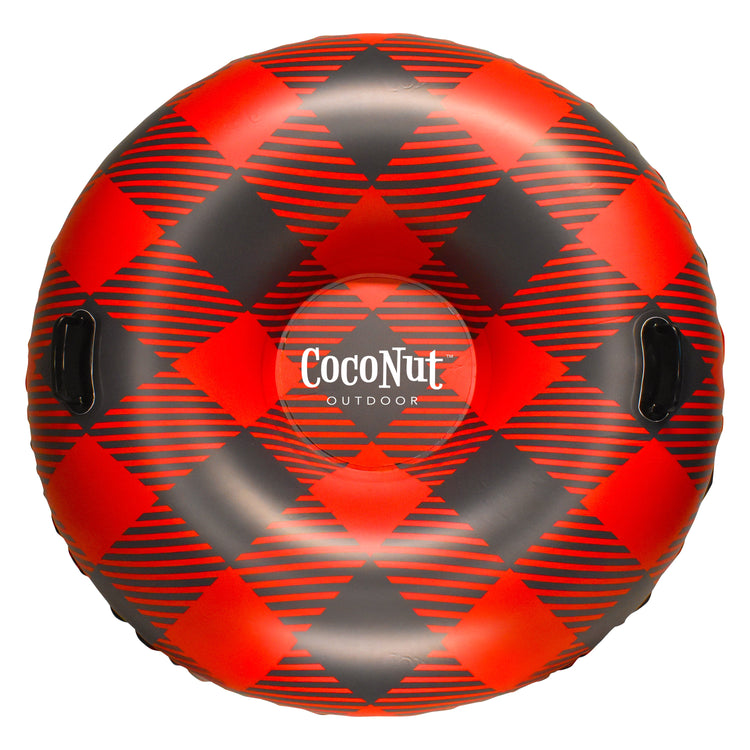 Red and black checkered inflatable tube with 'Coconut Outdoor' logo on a white background