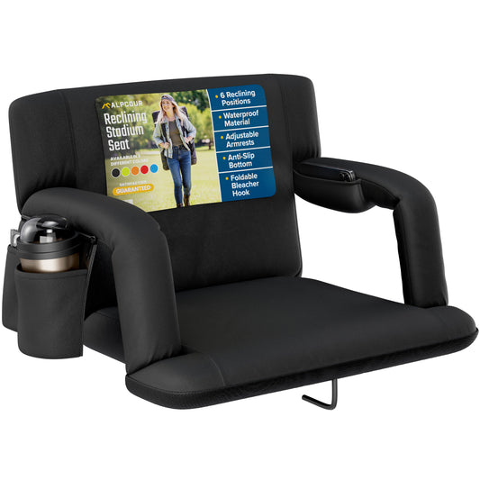 Black stadium seat with armrests, cup holder, and tablet stand on a white background