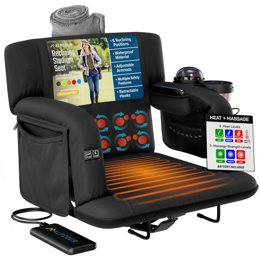 Black reclining stadium seat with heat and massage functions on a white background