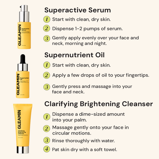 Gleamin skincare product set including cleanser, serum, oil, mask, and moisturizer on a white background.