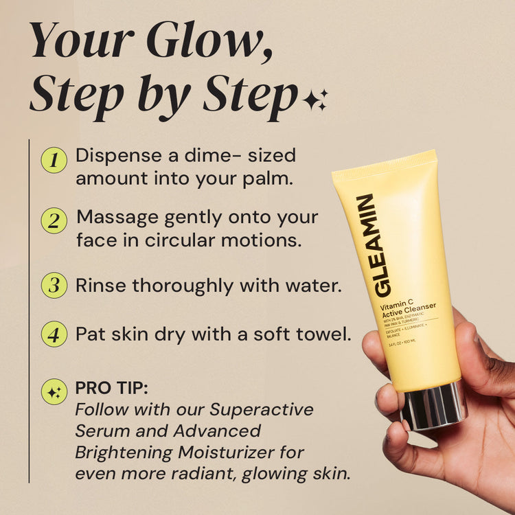 Gleamin Vitamin E Active Cleanser with usage instructions on a beige background
