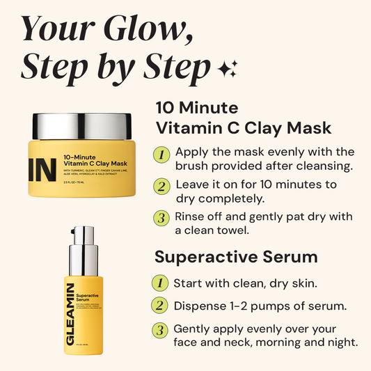 Gleamin skincare products including a jar, serum, and brush on a white background