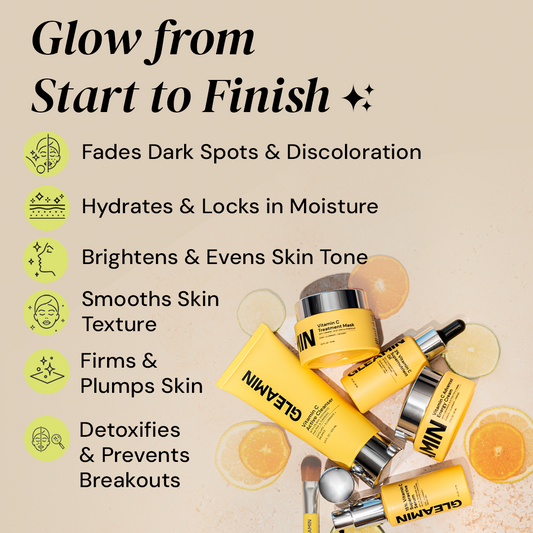 Gleamin skincare product set including cleanser, serum, oil, mask, and moisturizer on a white background.