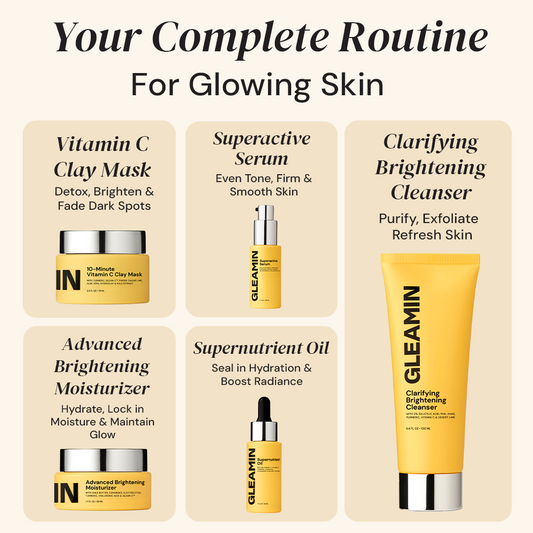 Gleamin skincare product set including cleanser, serum, oil, mask, and moisturizer on a white background.