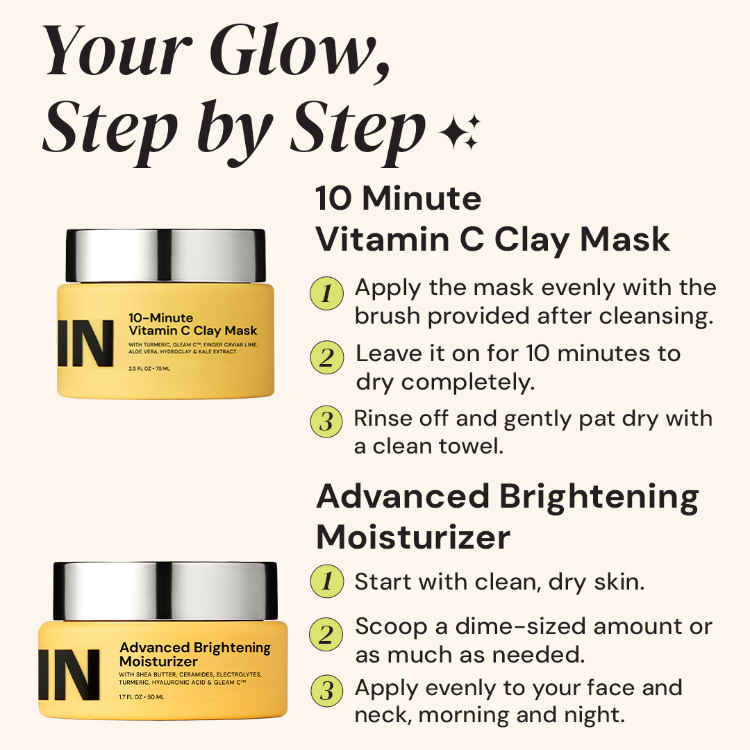 Instructions for using a 10-Minute Vitamin C Clay Mask and Advanced Brightening Moisturizer with product images.