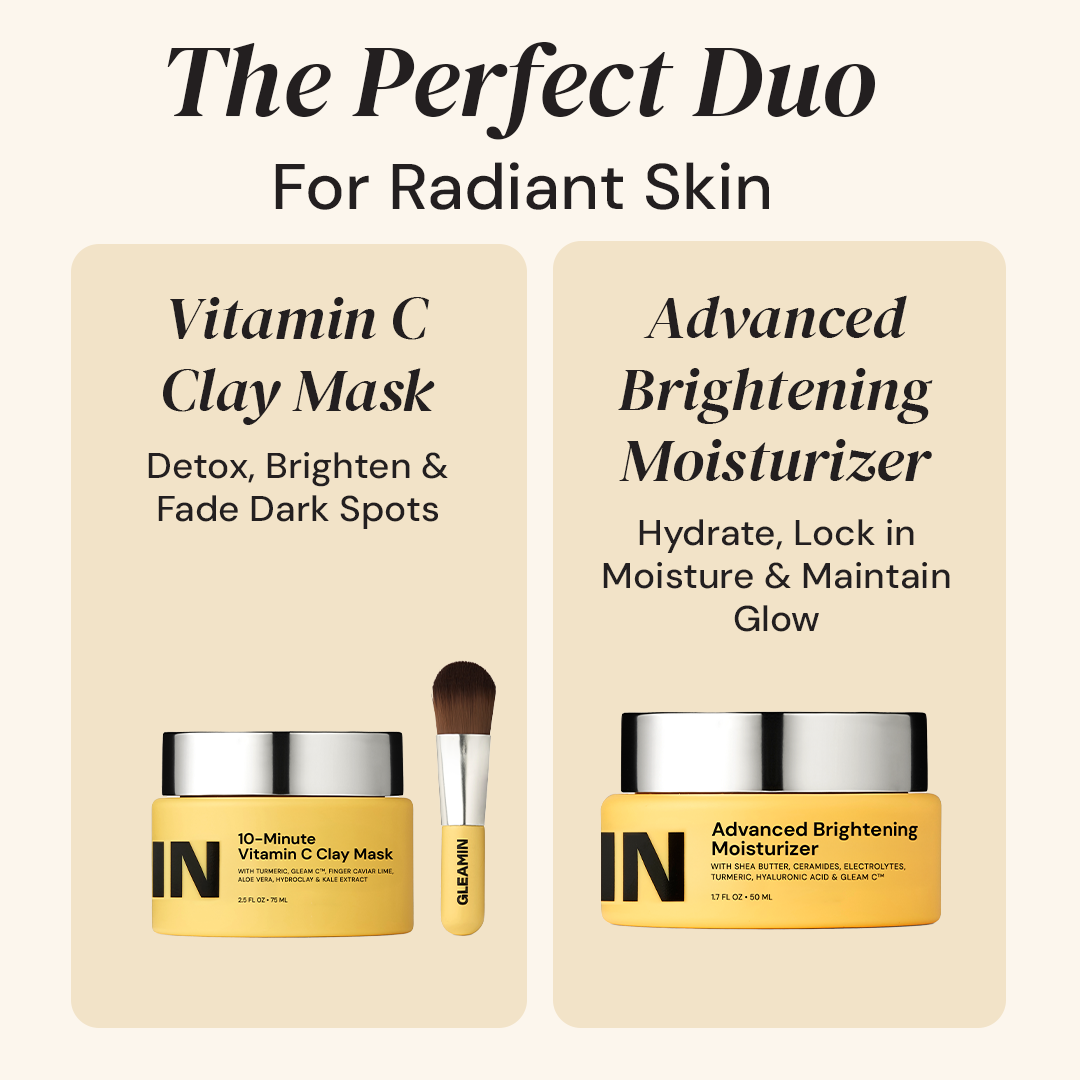 Two skincare products with packaging labeled 'Vitamin C Clay Mask' and 'Advanced Brightening Moisturizer' on a beige background.