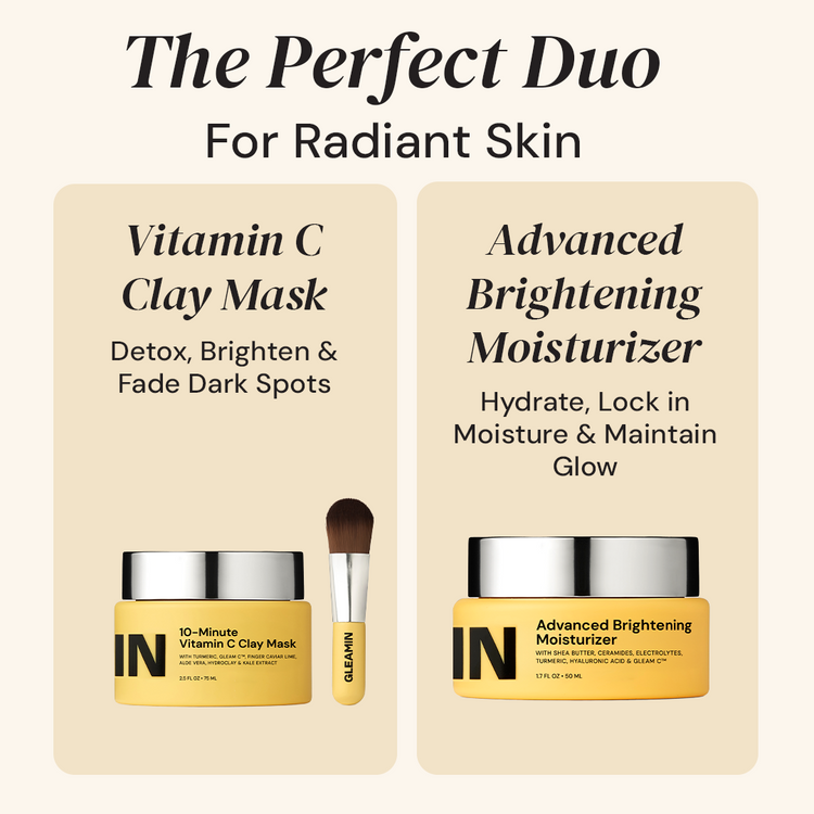 Two skincare products with packaging labeled 'Vitamin C Clay Mask' and 'Advanced Brightening Moisturizer' on a beige background.