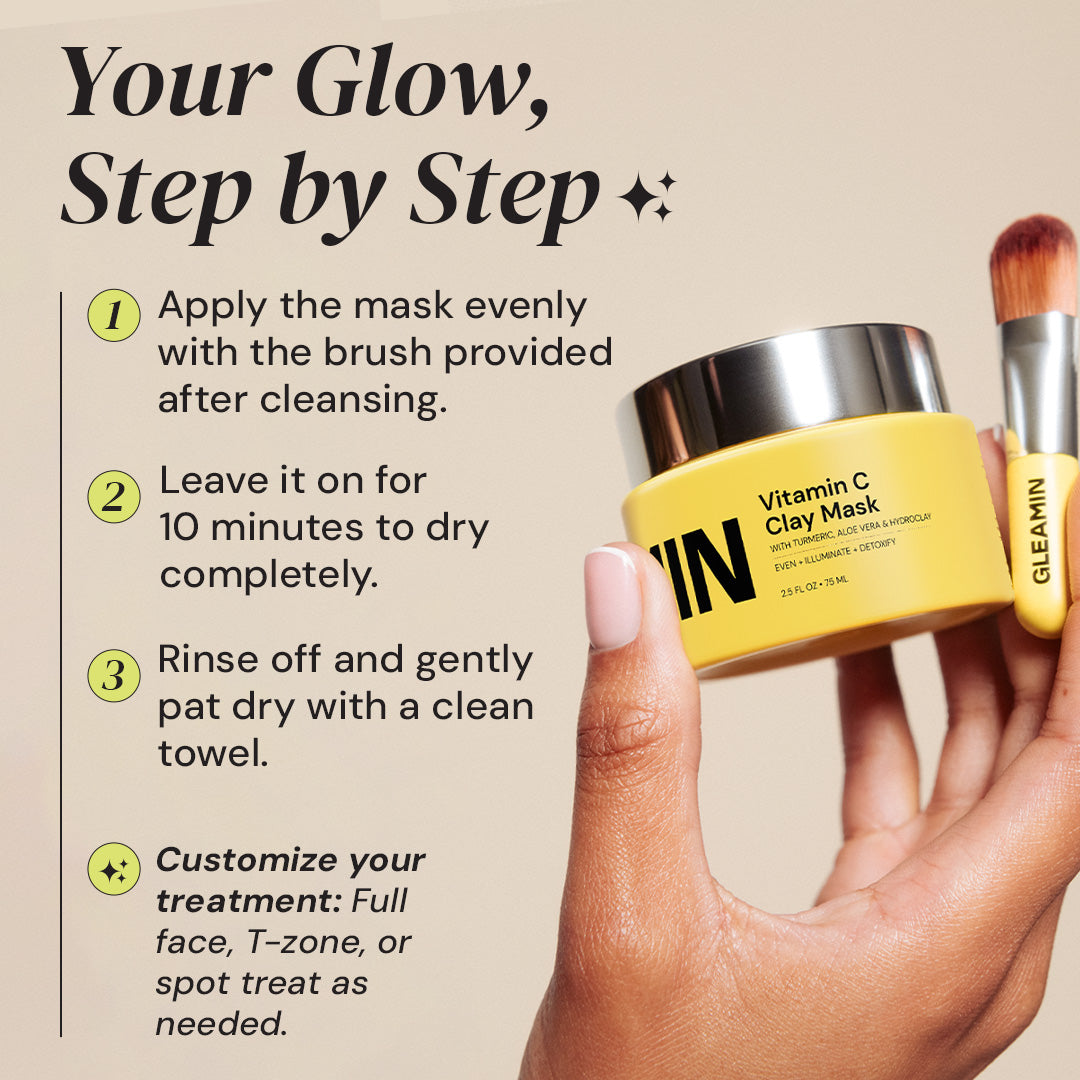 Yellow jar of Vitamin C Clay Mask with a brush, held by a hand, on a beige background with usage instructions.