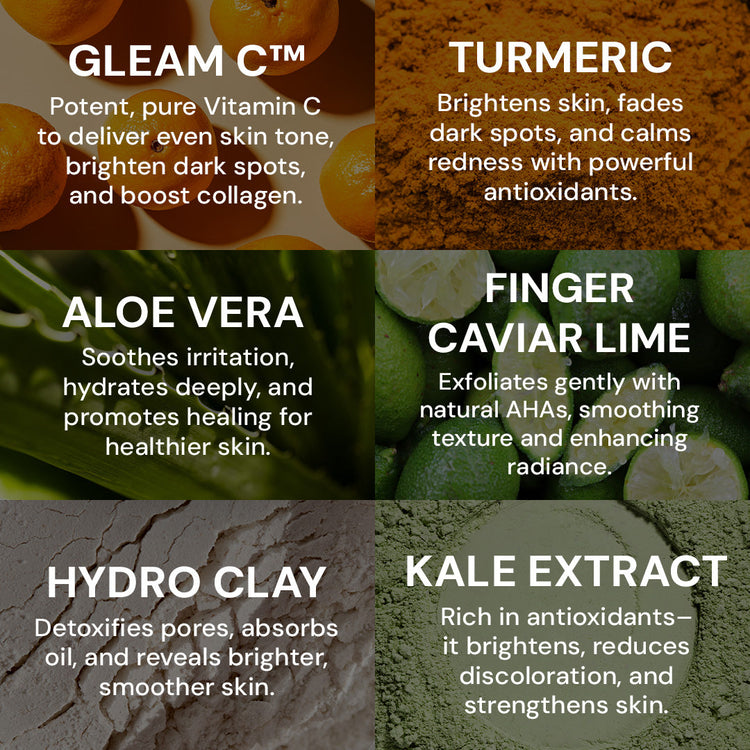 Product ingredients with text labels and images on a green background