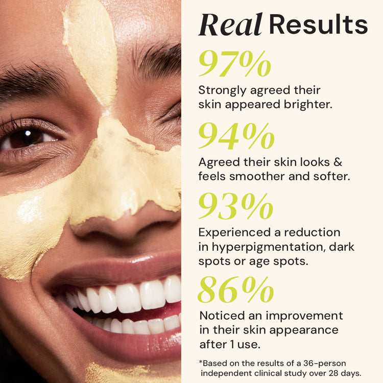 Woman applying a skincare product with statistics on skin improvement.