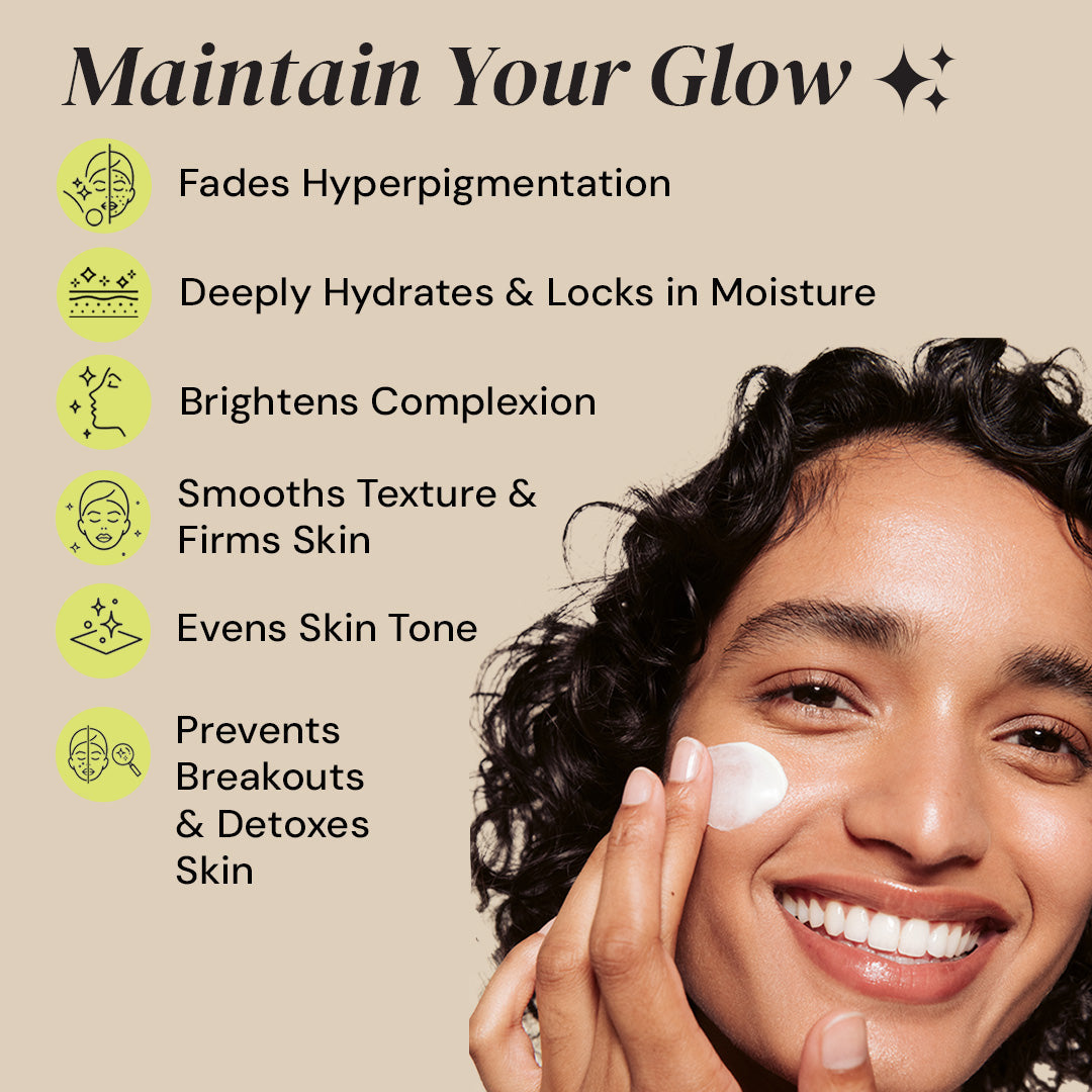 Woman applying cream to her face with text about skincare benefits on a beige background