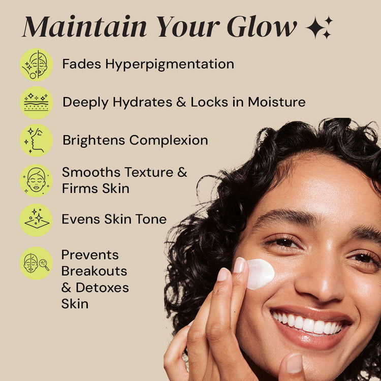 Woman applying cream to her face with text about skincare benefits on a beige background