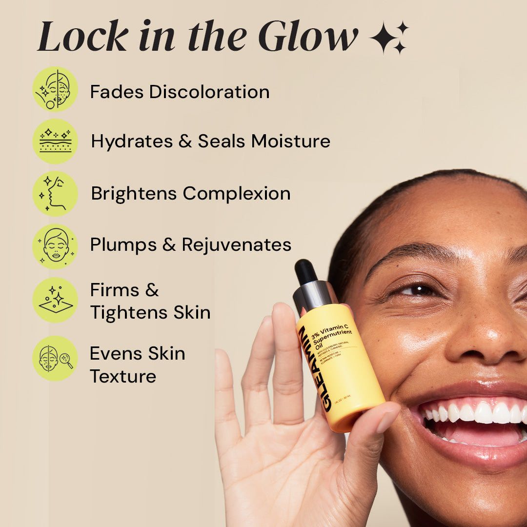 Product advertisement for a skincare serum with a woman applying it to her face, set against a beige background.