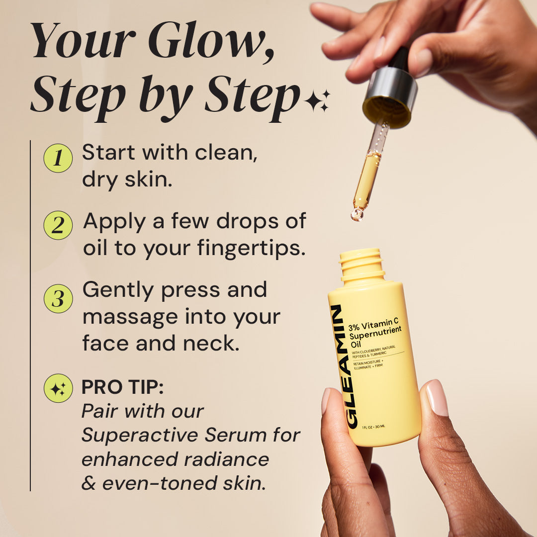 Gleamin vitamin C supernutrient oil with usage instructions on a beige background