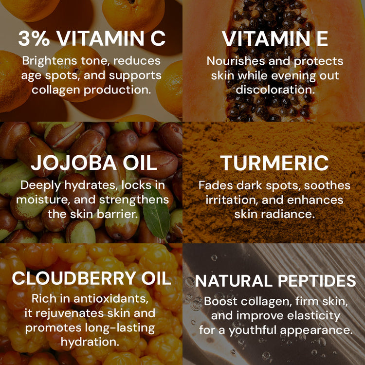 Skincare ingredients with their benefits displayed on a dark background
