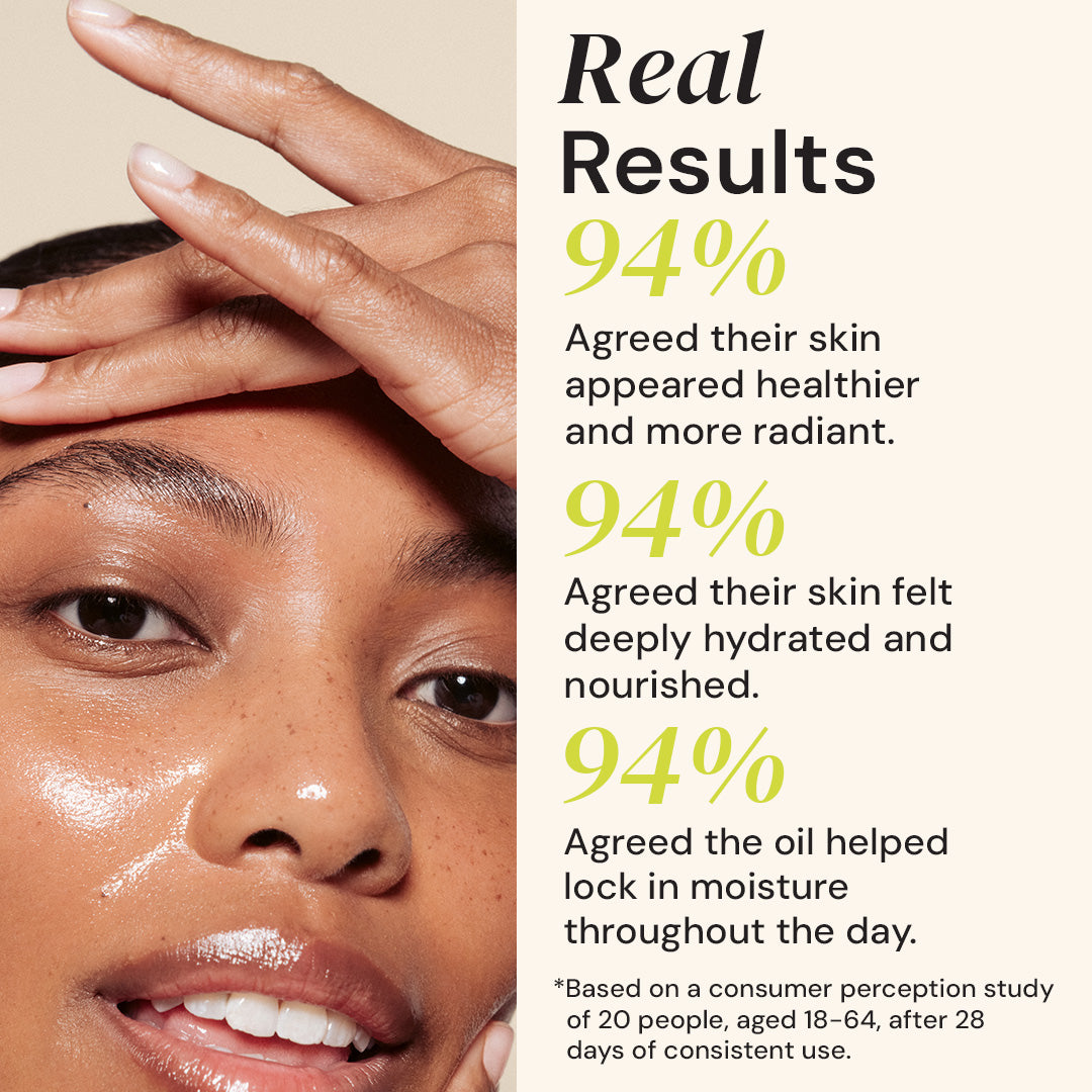 Close-up of a person's face with skincare product, showing text about product effectiveness.