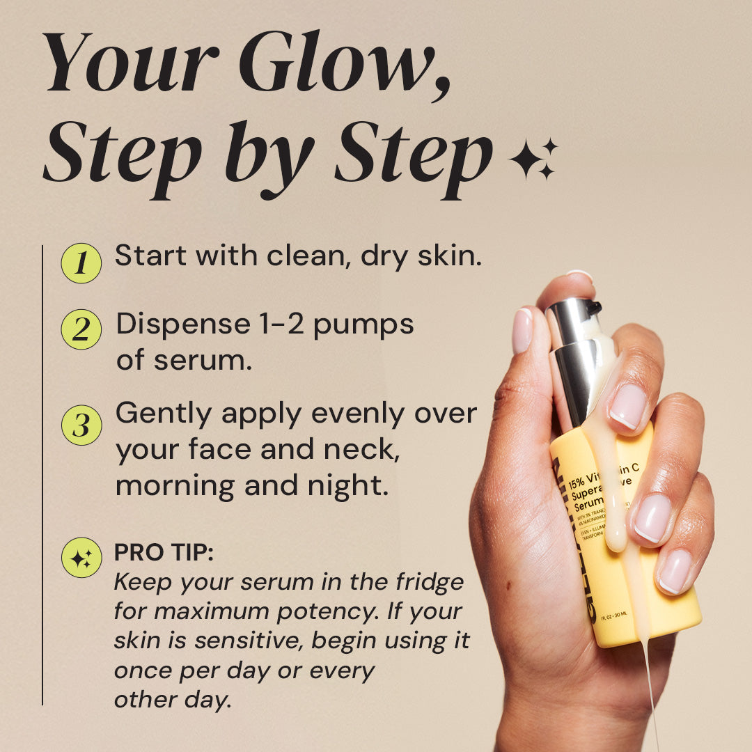Serum bottle with application instructions on a beige background