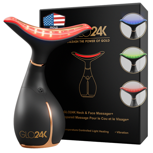 GLO24K Neck & Face Massager+ shown alongside its black retail box. The device has a matte black body with rose gold trim and a curved neck illuminated with red LED lights.